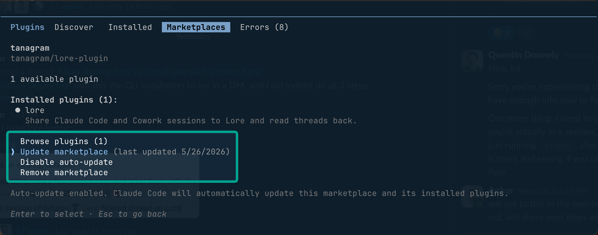 Claude Code loredotlink marketplace showing the Lore plugin installed