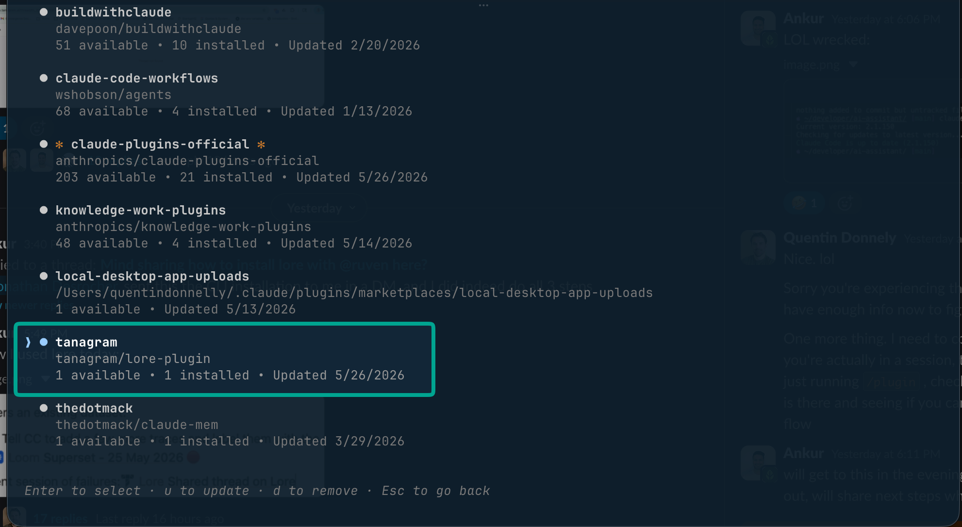 Claude Code marketplaces list with the loredotlink marketplace highlighted