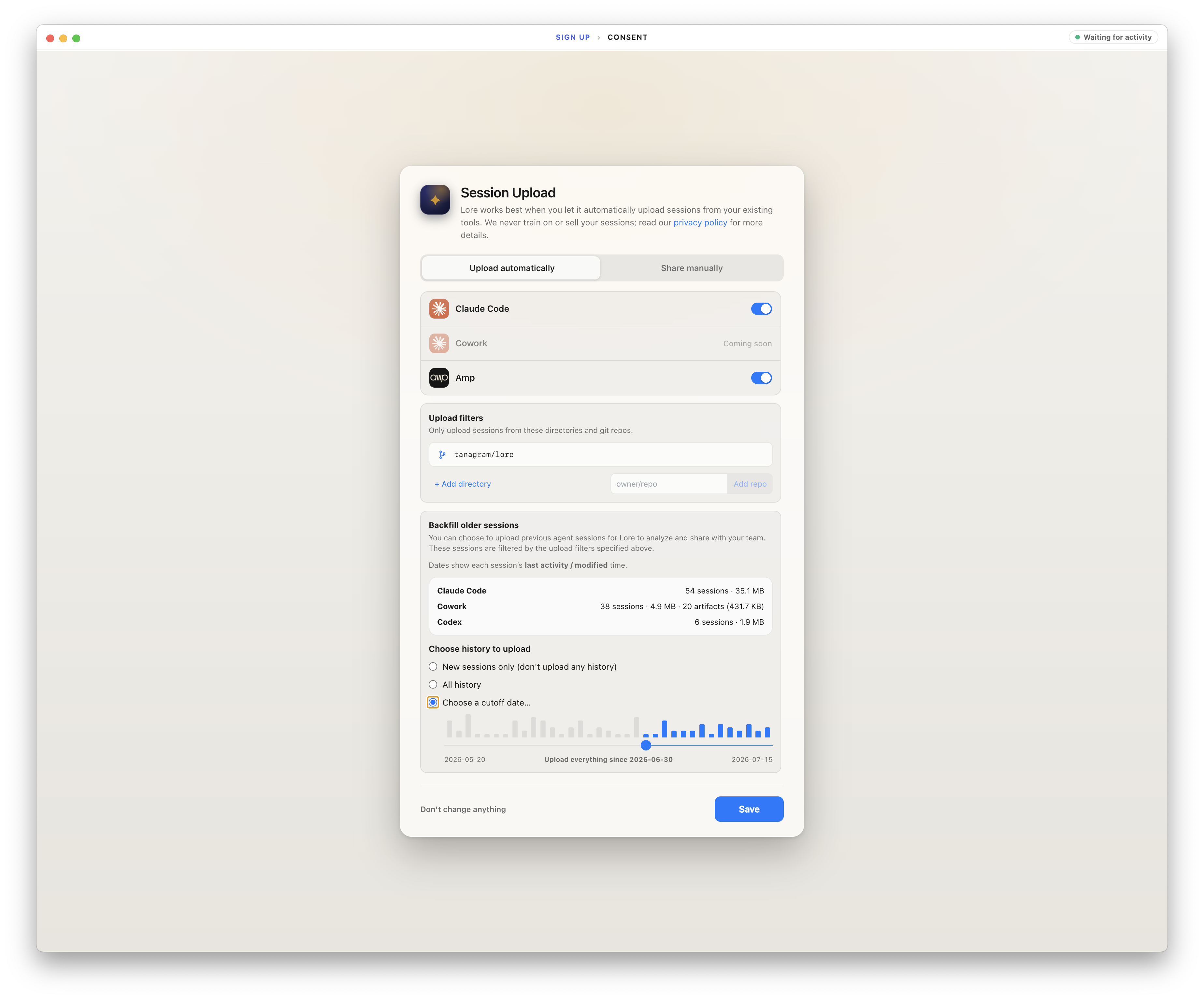 Lore desktop app session upload settings with automatic upload, filters, and history options